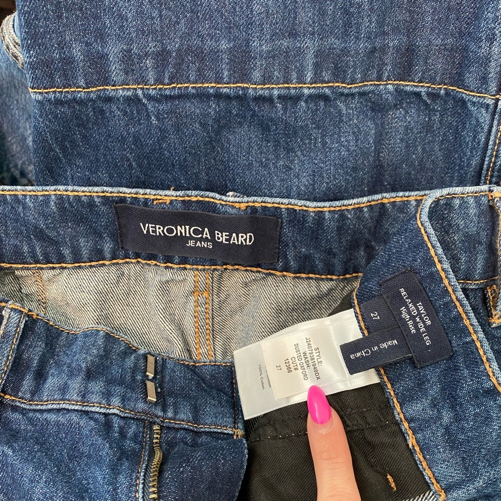Veronica Beard Taylor Wide Leg High Rise Dark Denim Belted Long Trouser Jeans 27 - Picture 4 of 11